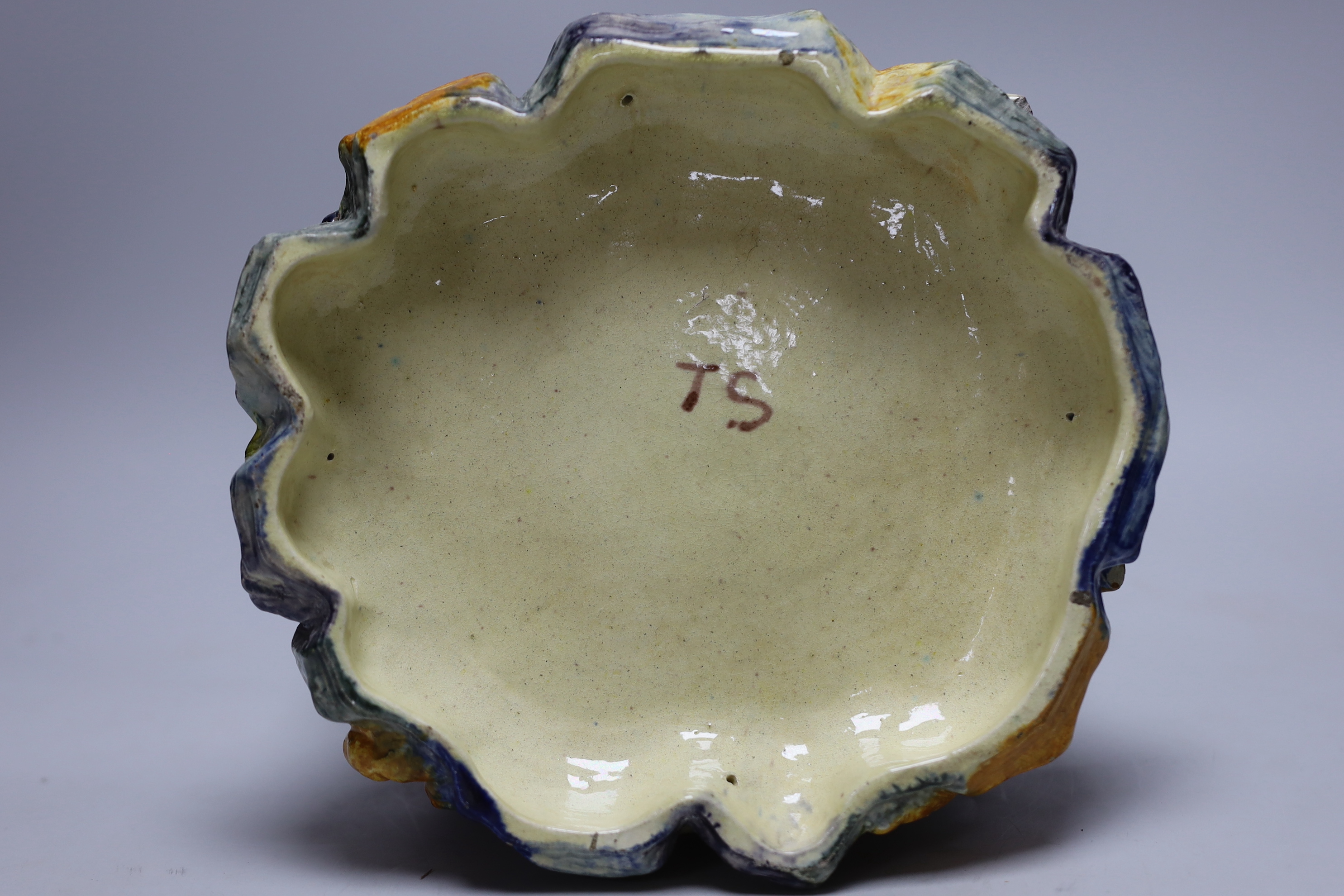 A Thomas Sergent majolica jardiniere decorated with aquatic life, initialled to the base, 18cm high